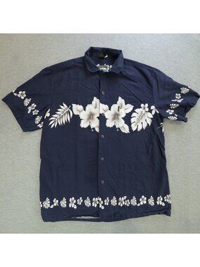 Palmwave Hawaii Aloha Shirt Mens Sz Blue White Floral Short Sleeve 100% Cotton